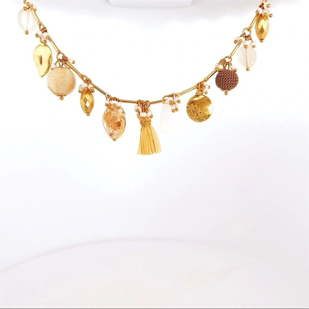 White and Gold Statement Necklace with Beads and Charms